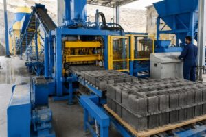 A QT10-15 block making machine integrated into a complete production line in an Iranian plant, showing raw material feeding, block molding, and automatic stacking.