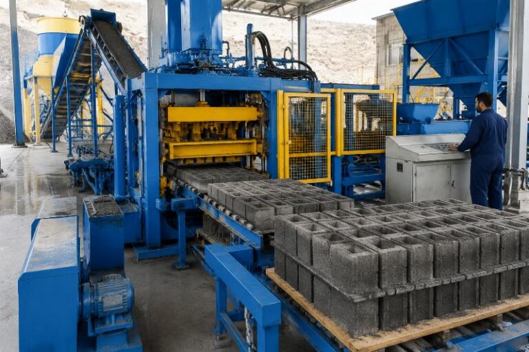 A QT10-15 block making machine integrated into a complete production line in an Iranian plant, showing raw material feeding, block molding, and automatic stacking.